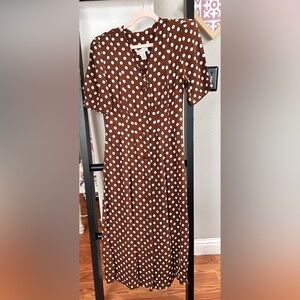 Vintage 1990s Express Button Down Polka Dot Brown Maxi Dress Sz 7/8 Pretty Woman